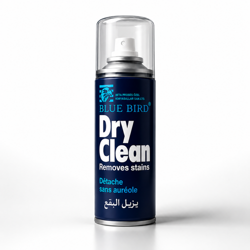 Blue Bird Dry Clean stain remover can with product label, made for the UAE