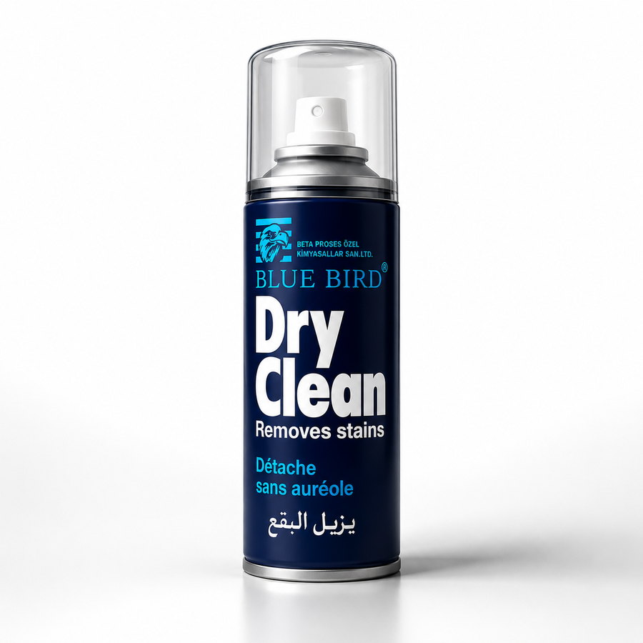 Blue Bird Dry Clean stain remover can with product label, made for the UAE